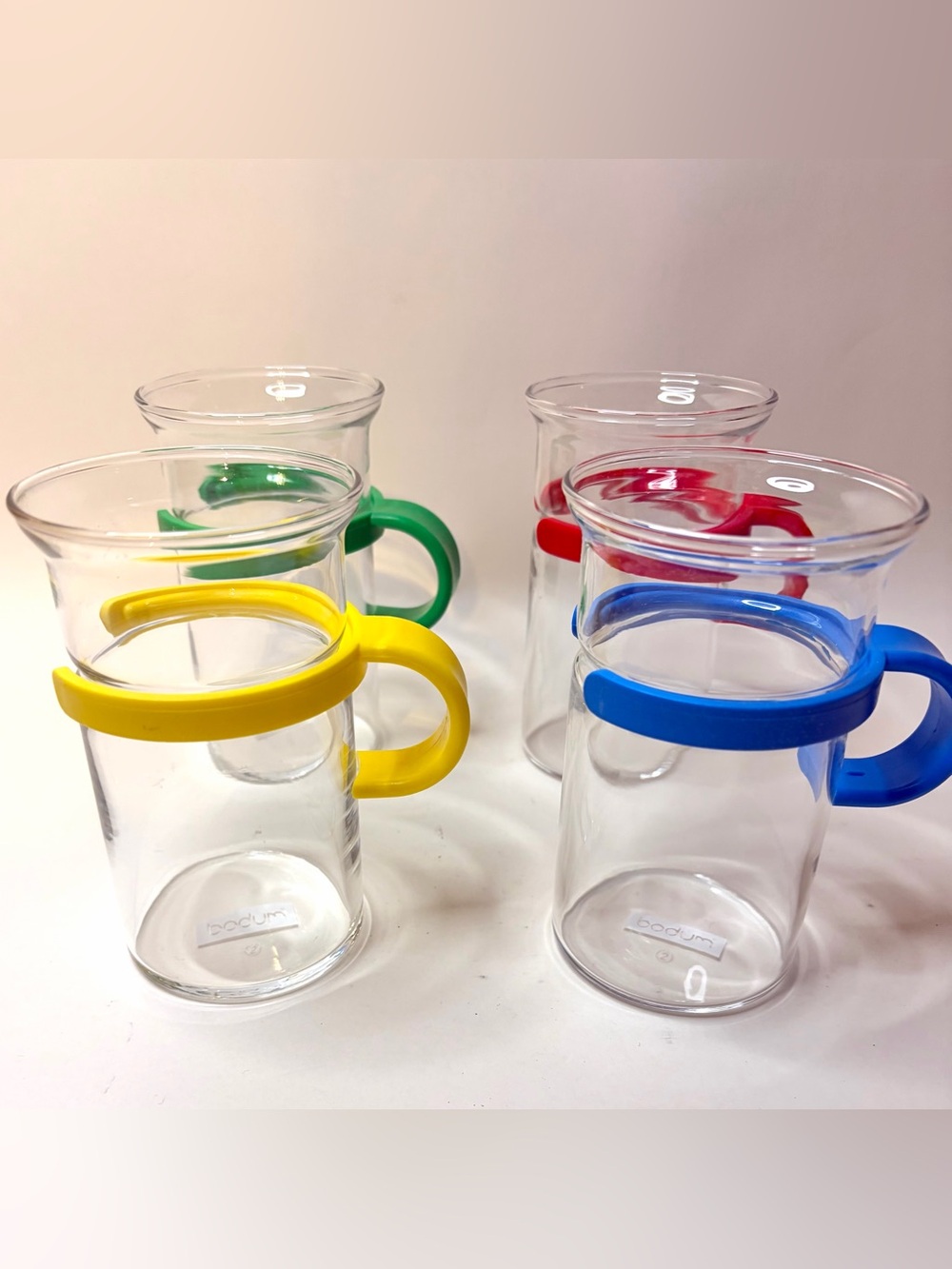 Vtg Bodum Bistro Glass Mugs Set of 4 Primary Colors Picard Style 10oz